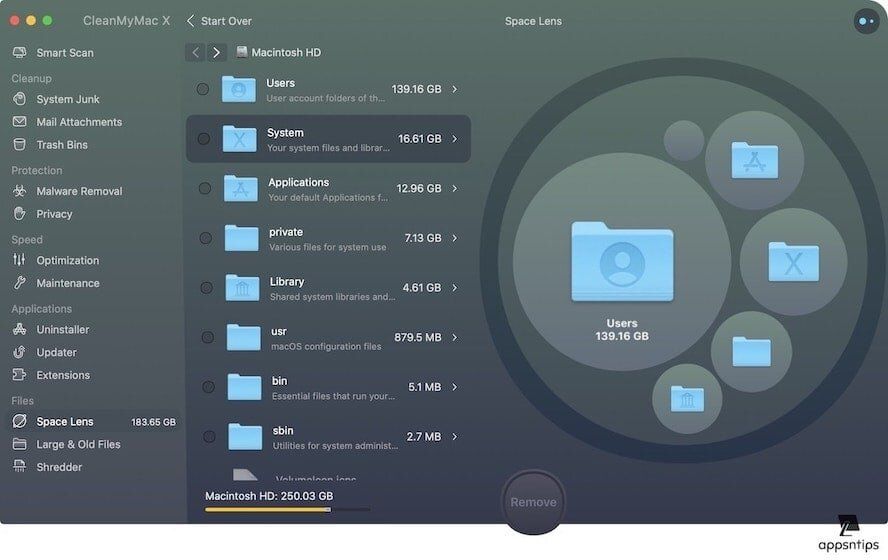 Space Lens feature on CleanMyMac X