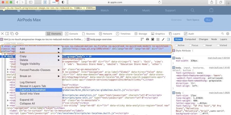 right click on HTML Tag and select Capture Screenshot