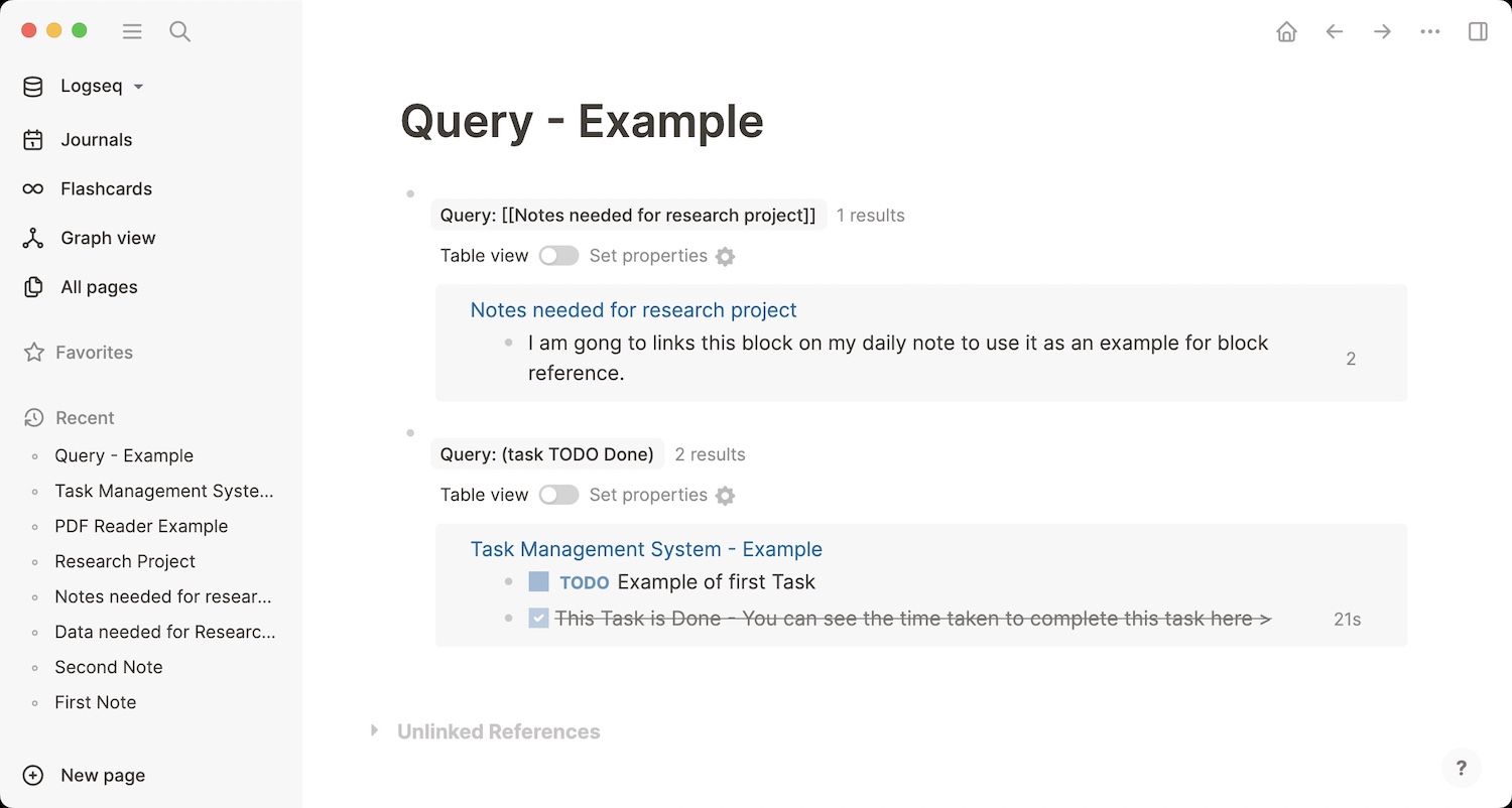 Examples of Query feature in Logseq