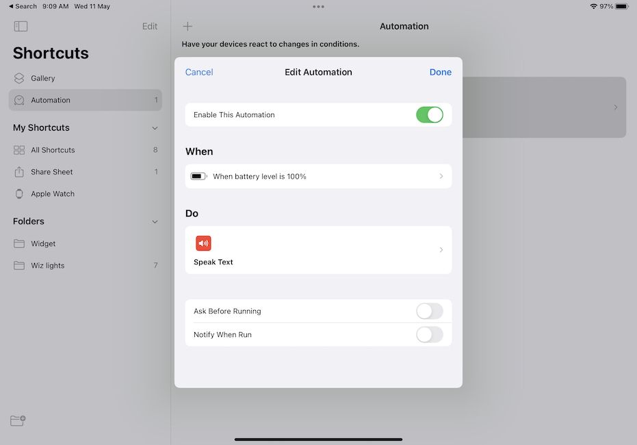 battery charging automation on iPad
