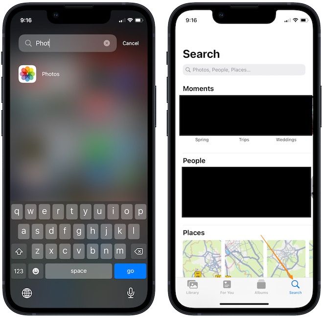 iPhone mockup showing photos app search tab