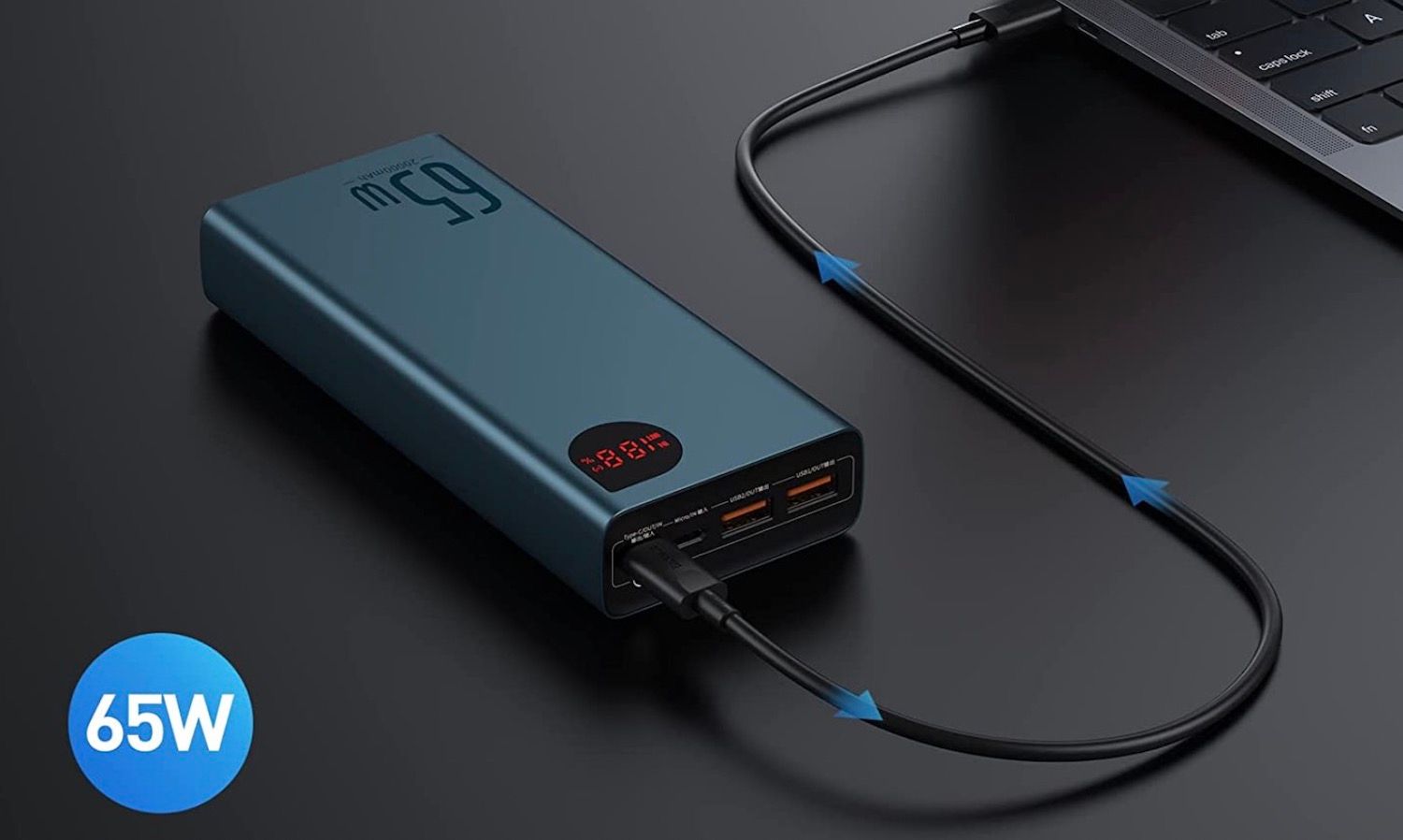 Baseus 20,000mAh power bank connected to MacBook