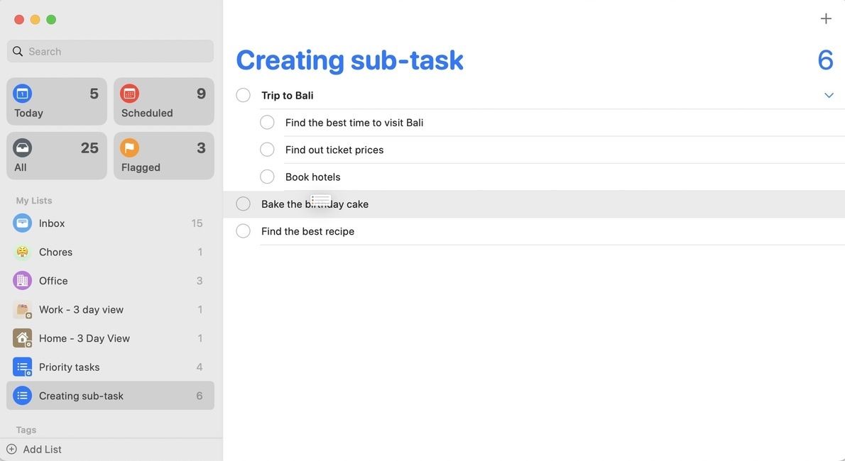 create sub-tasks in reminders on Mac 1