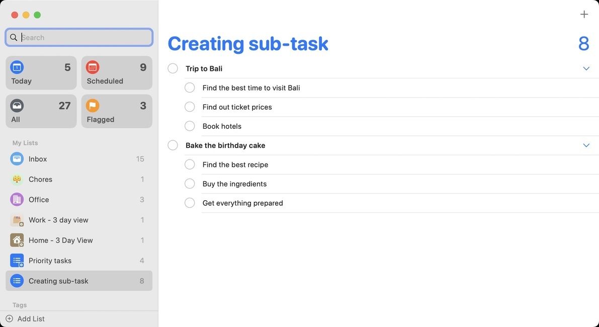 create sub-tasks in reminders on Mac 2