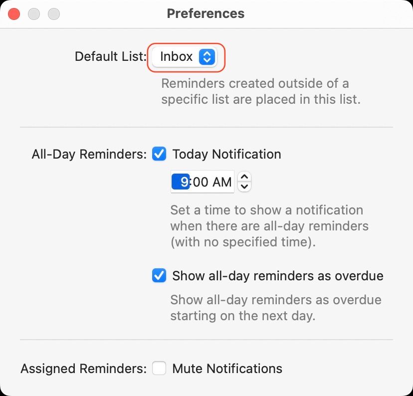 set a reminders list as the default list on Mac 2