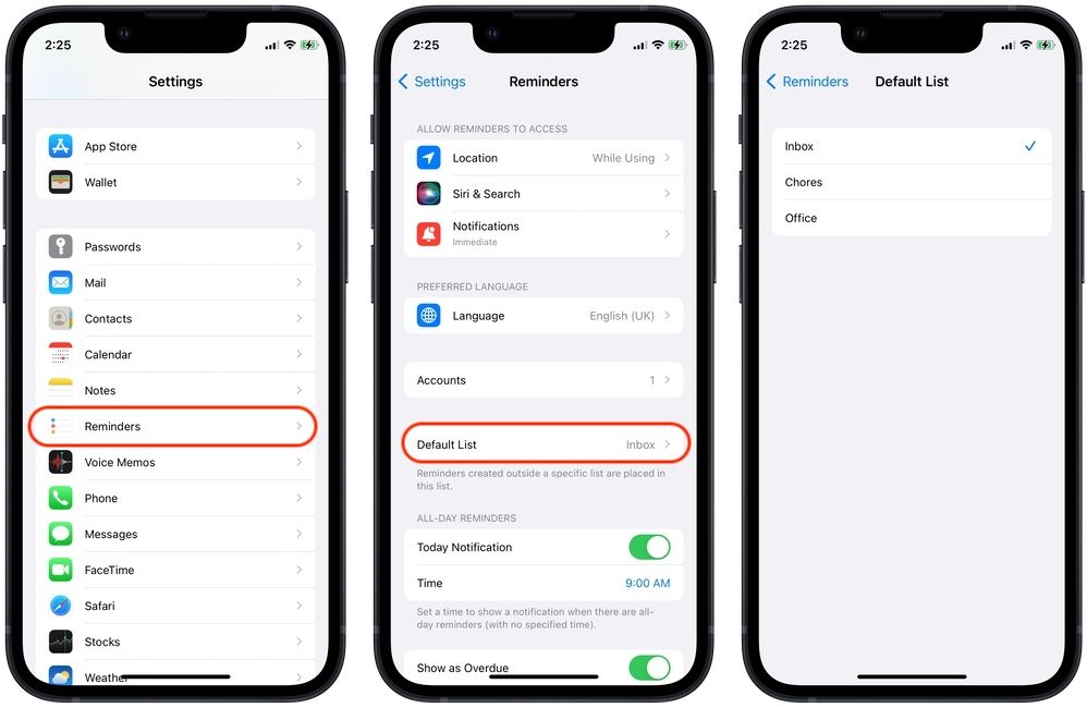 set a reminders list as the default list on iPhone