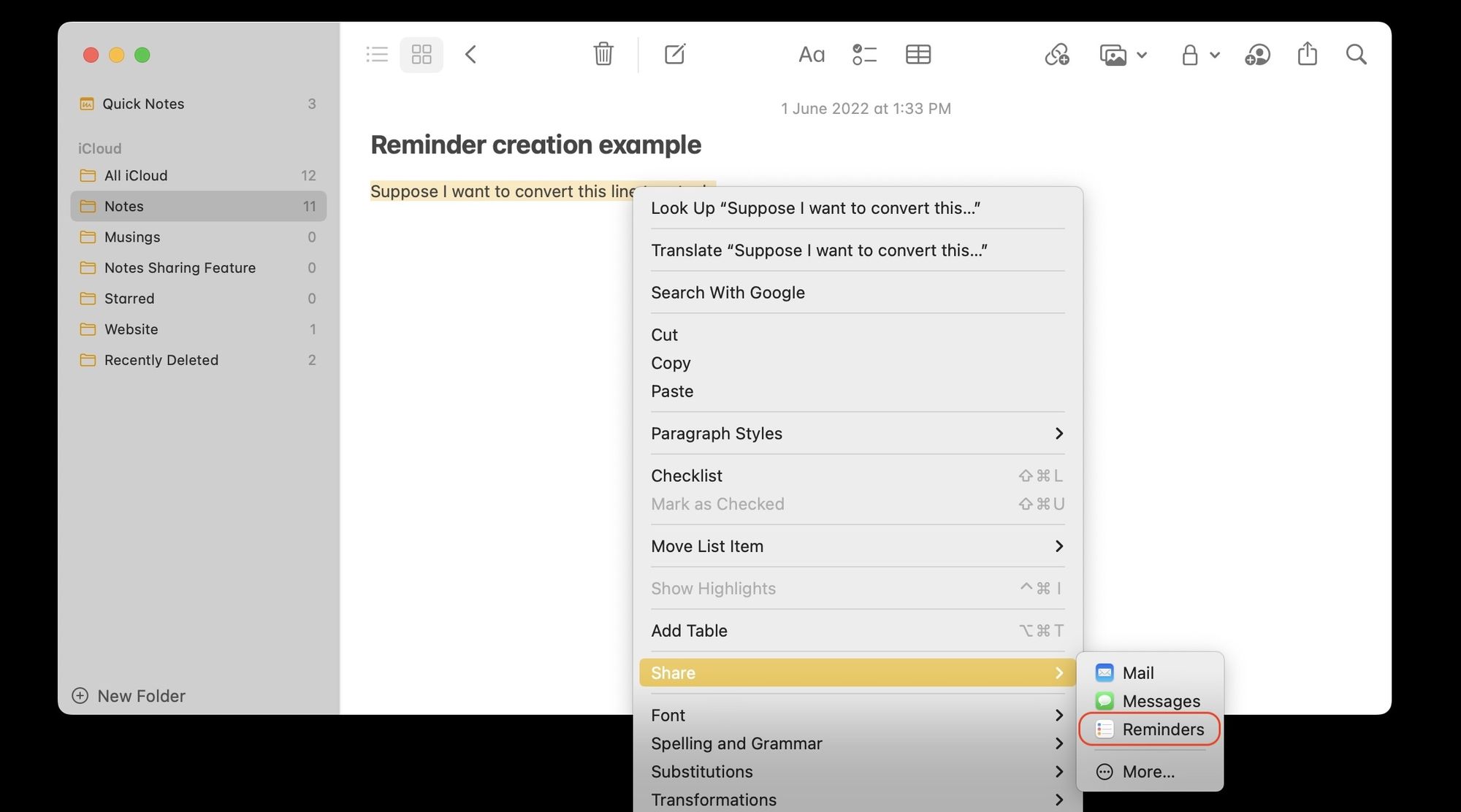 create reminders using share sheet on Mac 3