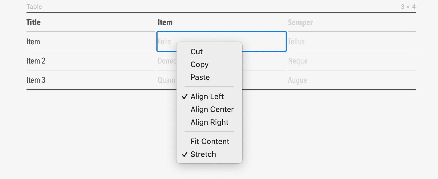right-click table edit menu