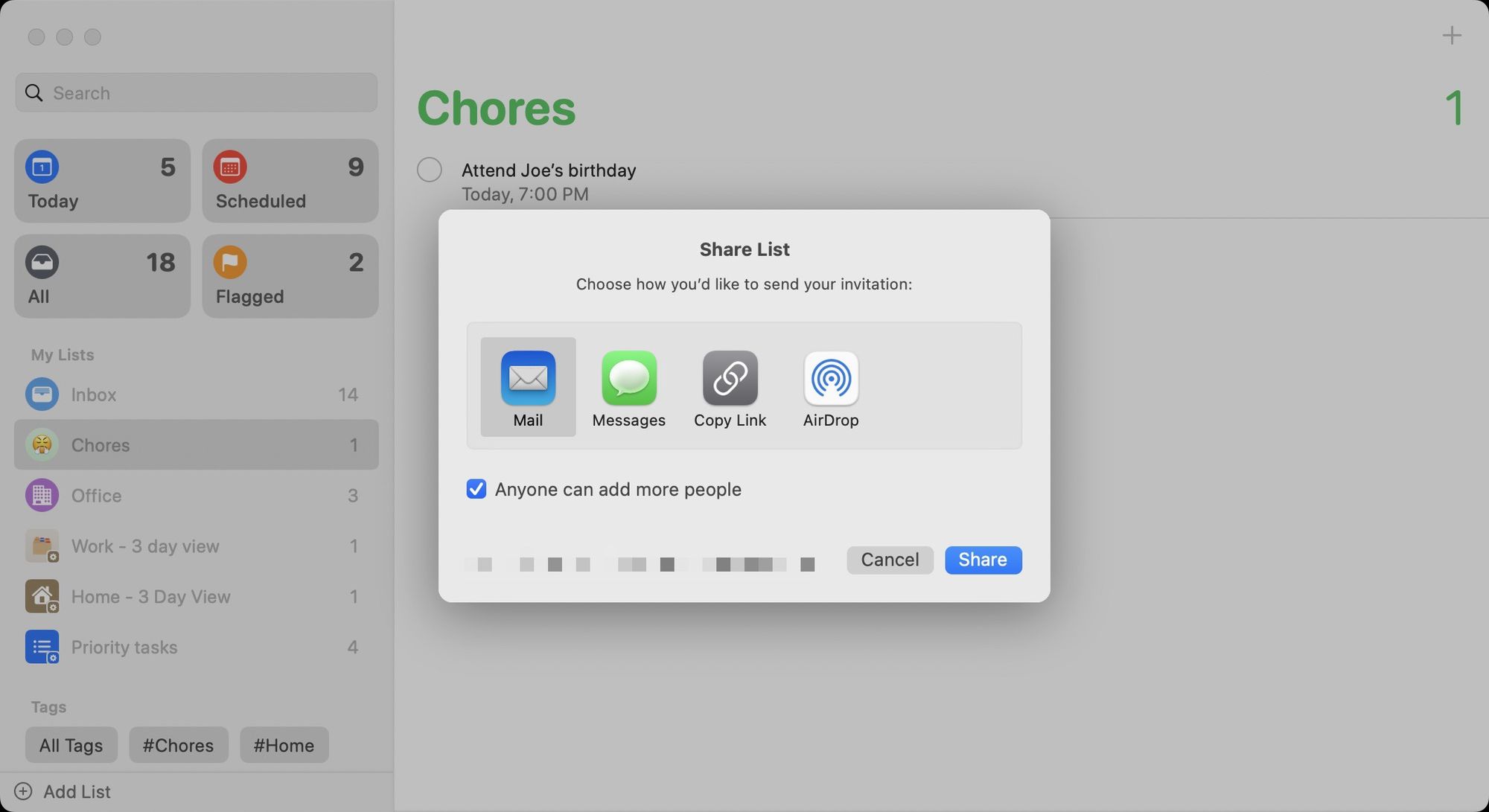 Share a reminder list on Mac 2