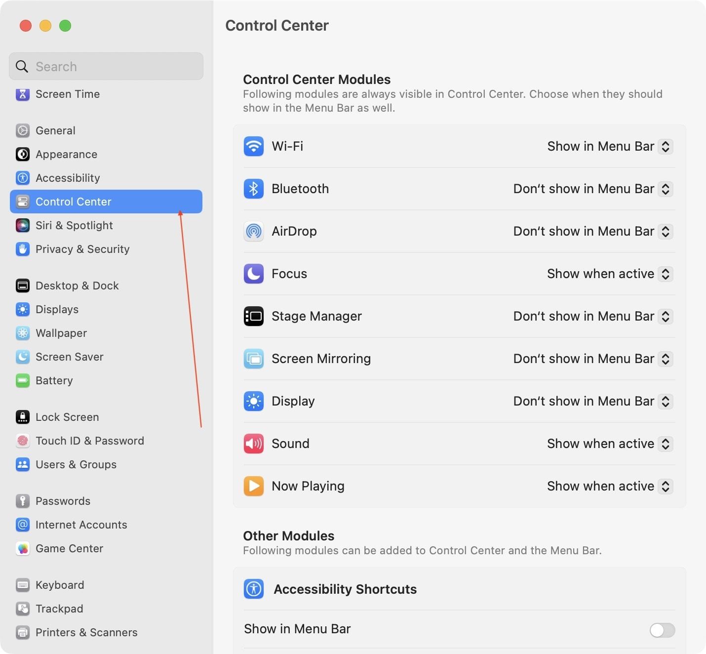 click on control center