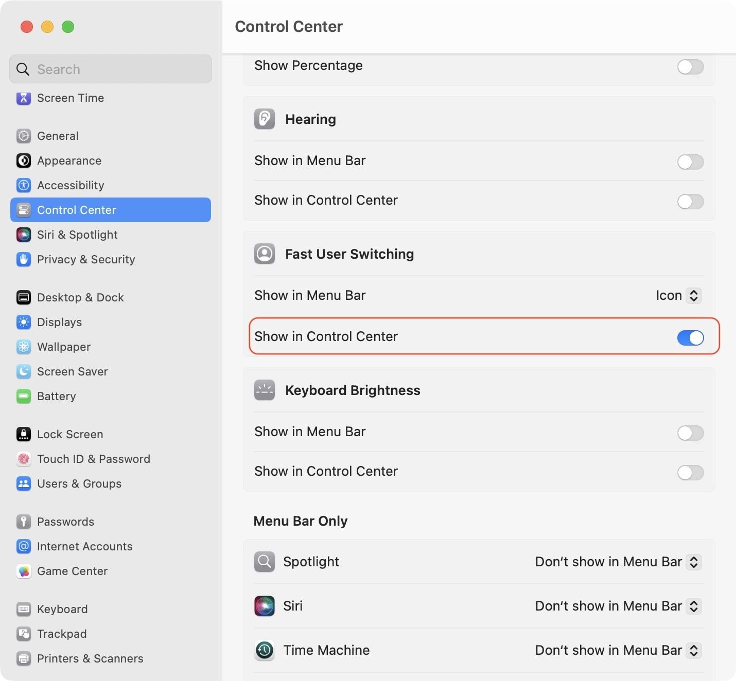 Enable toggle for Fast User Switching in Control Center