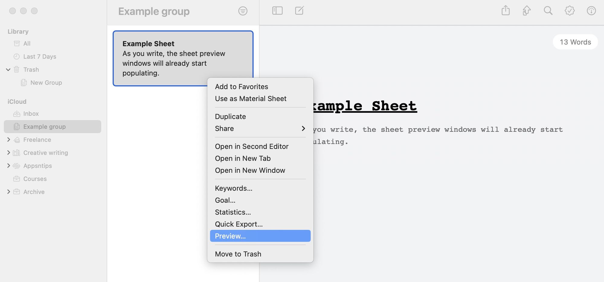 Previewing sheet in Ulysses