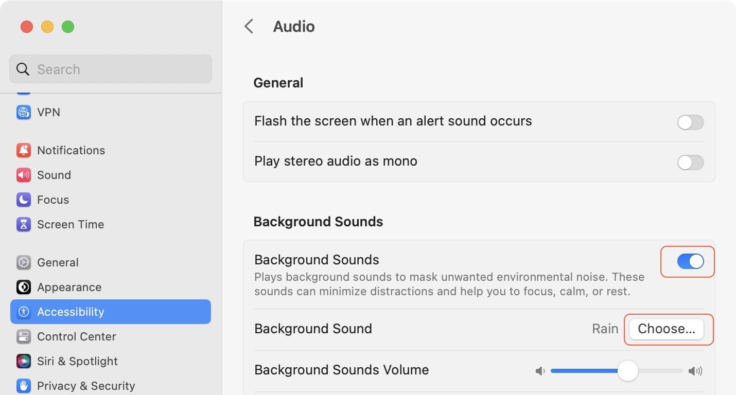 Play ambient noise on Mac using the Background Sounds feature 3