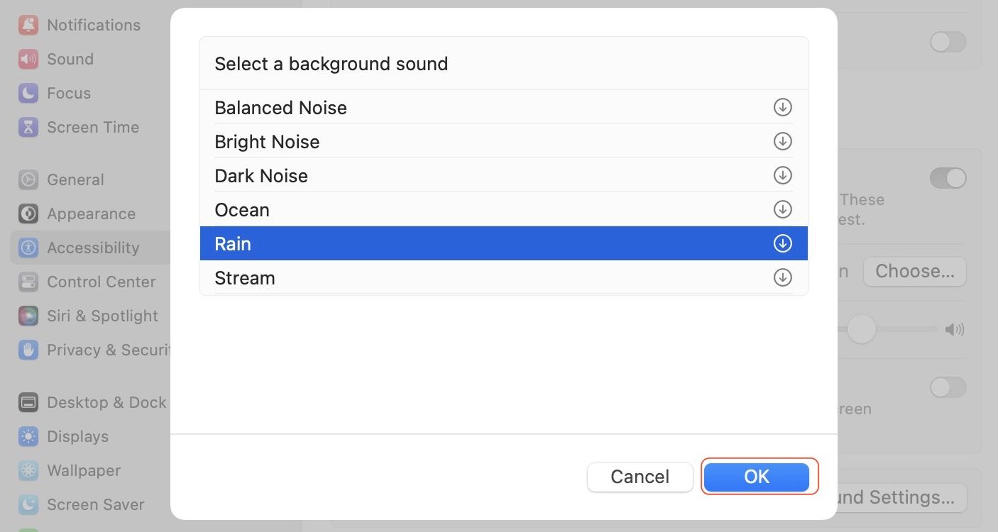 Play ambient noise on Mac using the Background Sounds feature 4