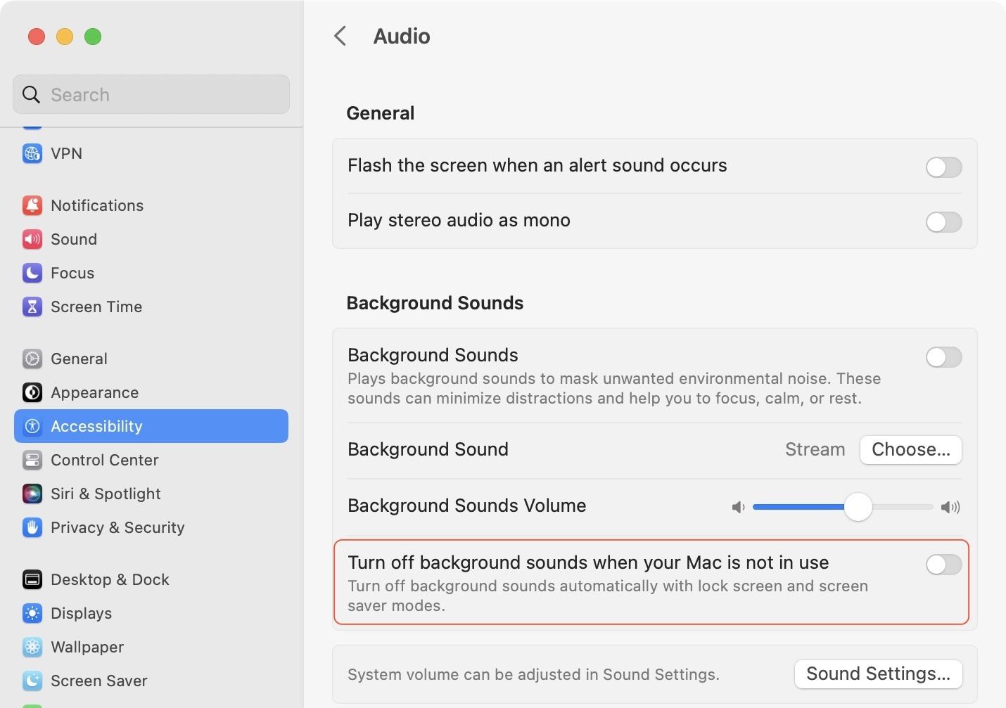 Play ambient noise on Mac using the Background Sounds feature 5