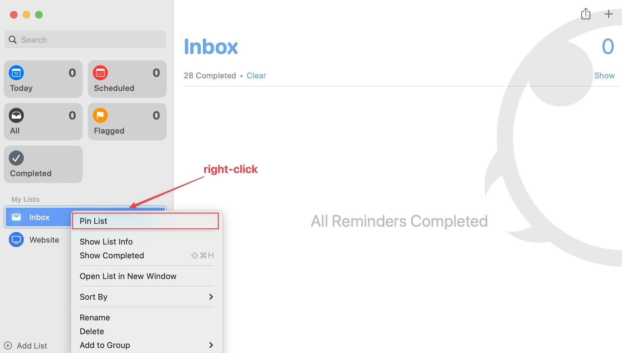 Pin Reminders list on Mac 2