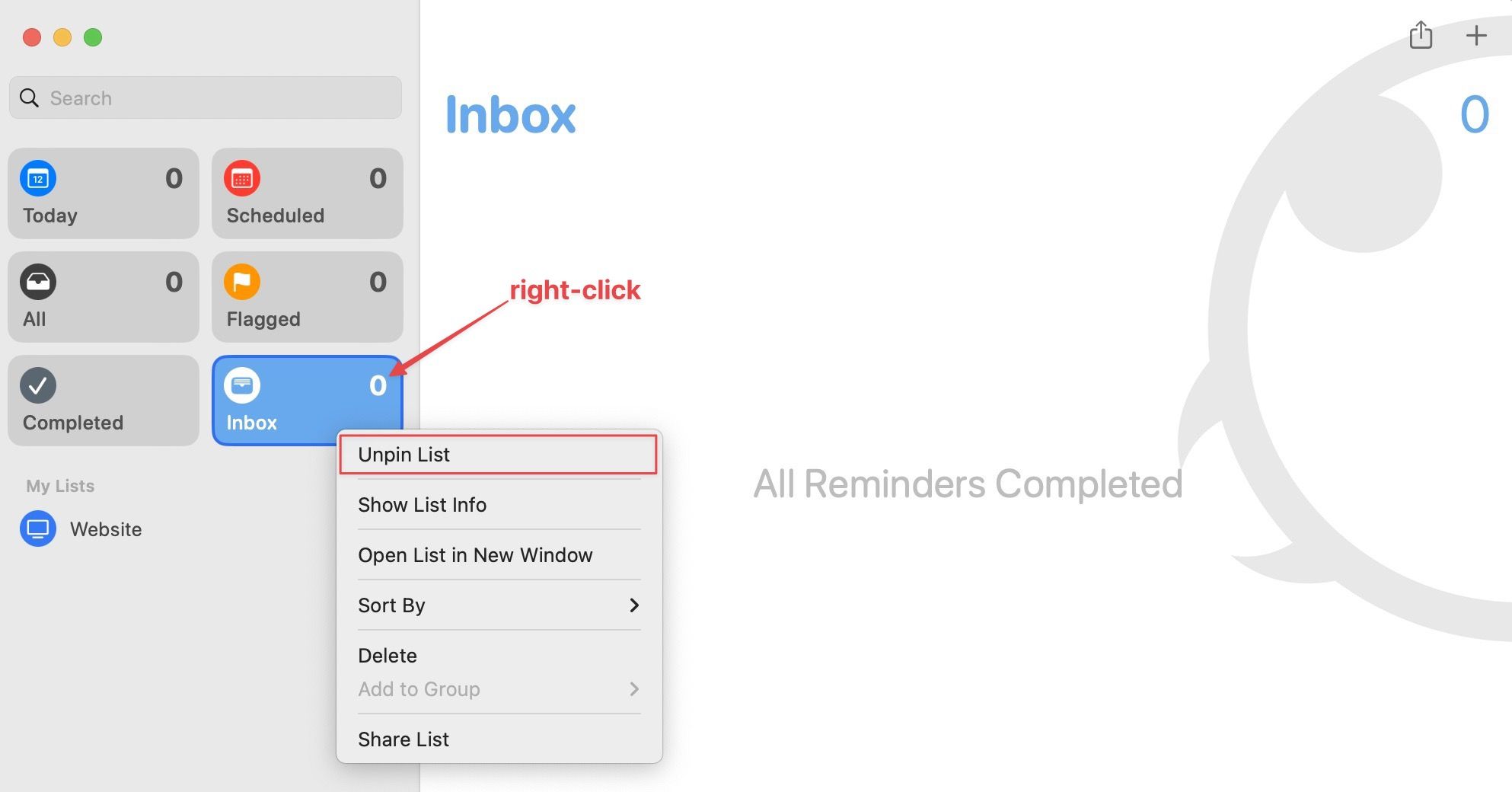 Pin Reminders list on Mac 3