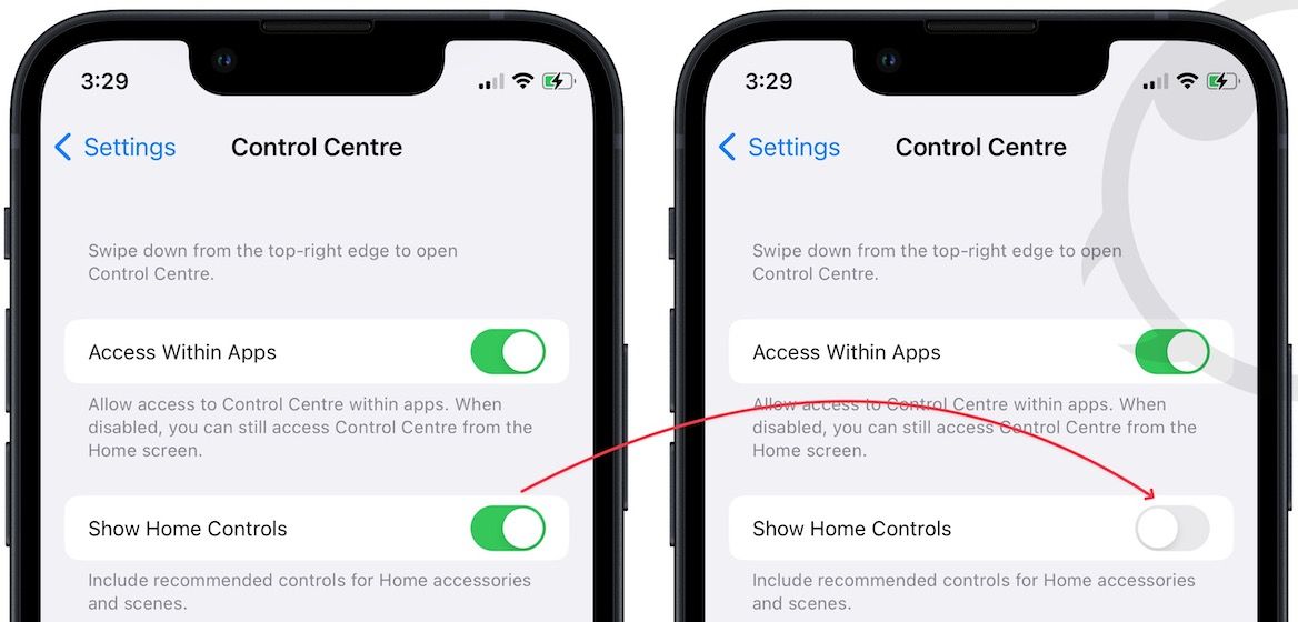 Remove Home Controls from Control Center using the Settings app 2
