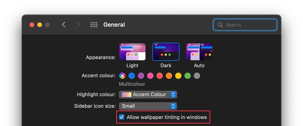 Disable wallpaper tinting in windows in macOS Big Sur and below 3
