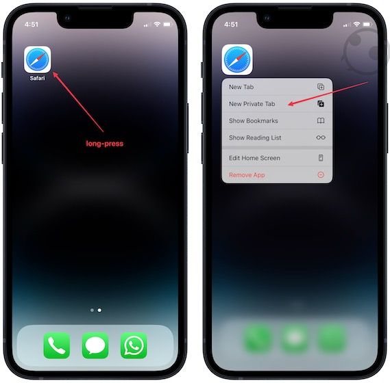 Long-press Safari app to open a private browsing 1