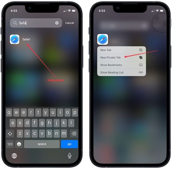Long-press Safari app to open a private browsing 2