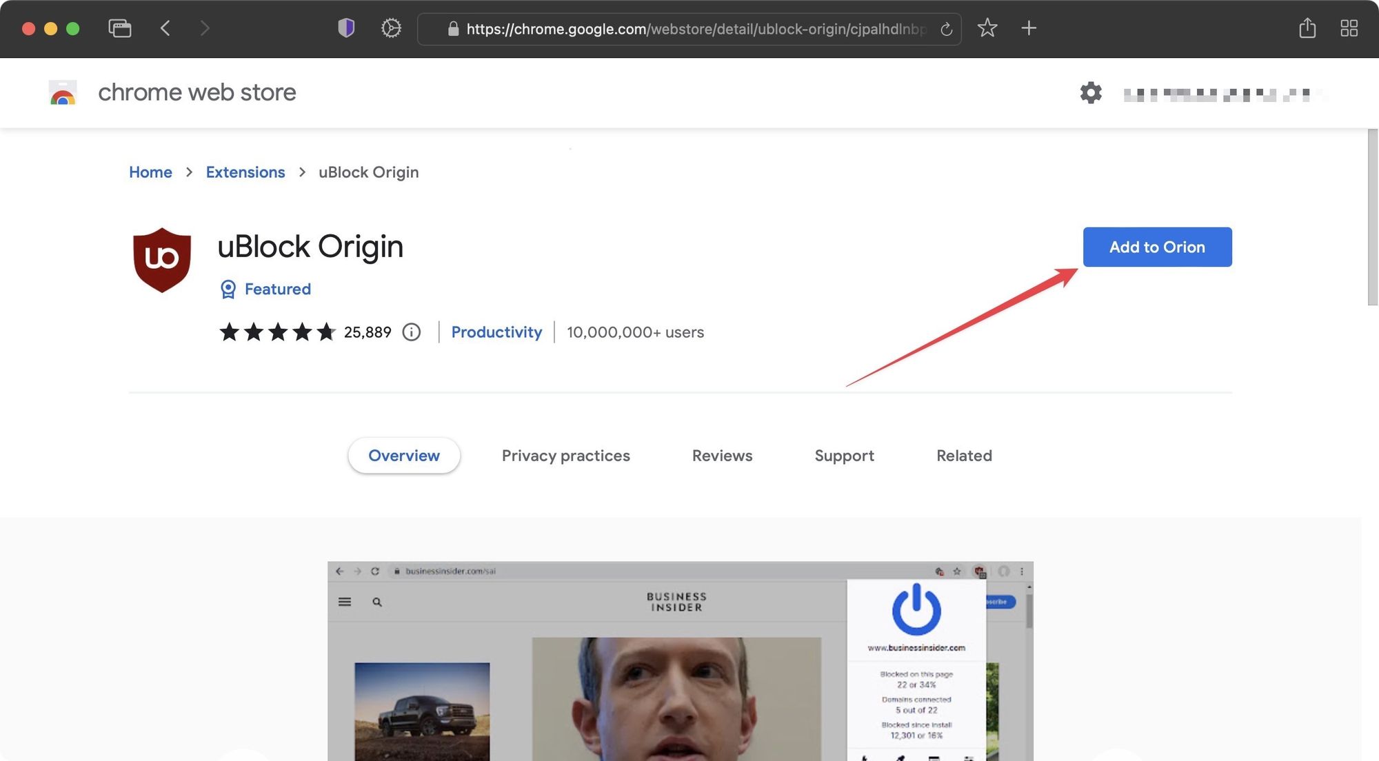 Orion Browser Chrome extension
