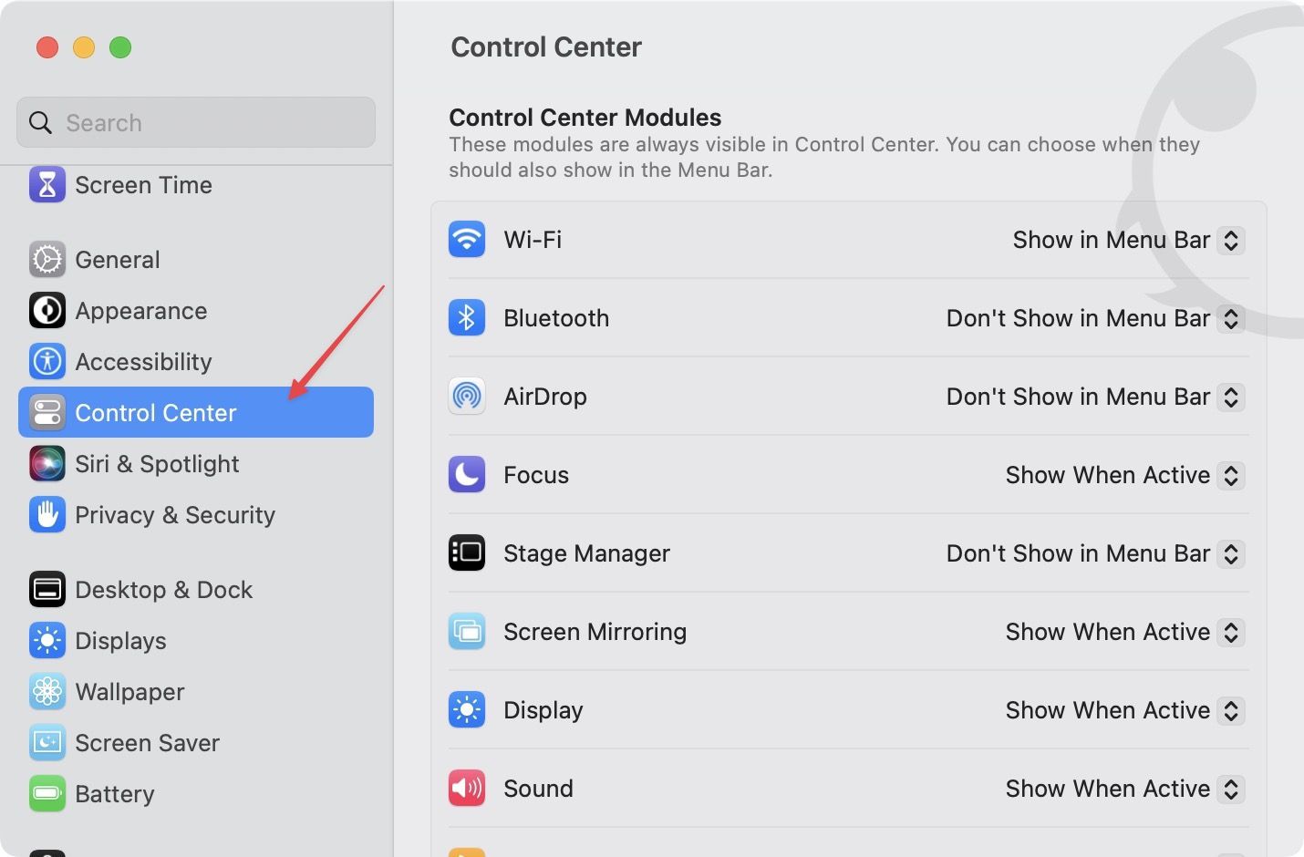 control center setting in macos ventura