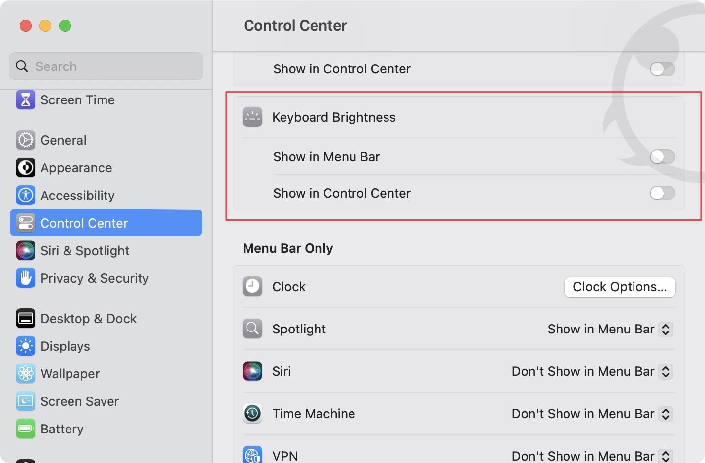 Keyboard brightnes setting