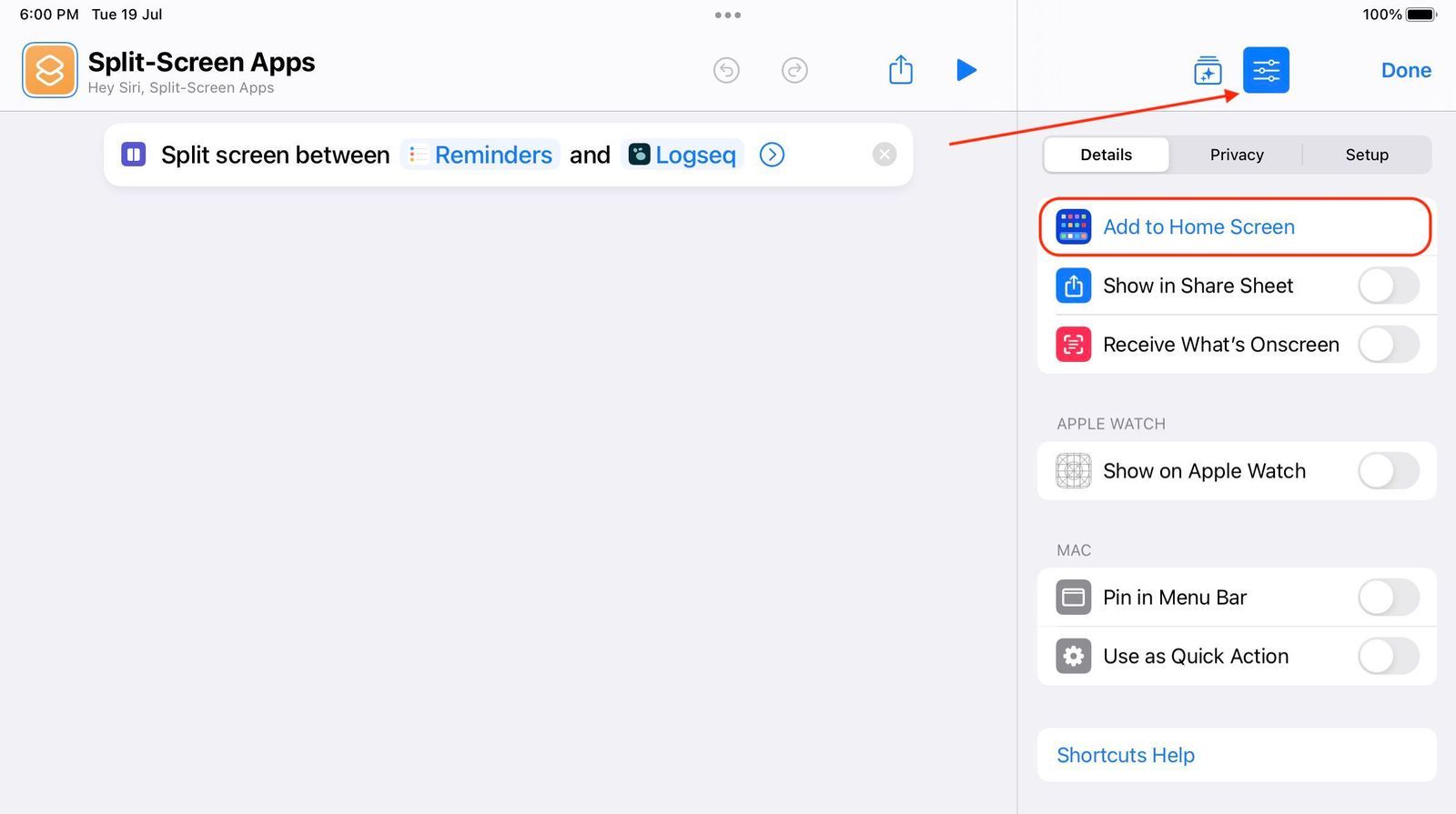 iPad shortcut app screenshot