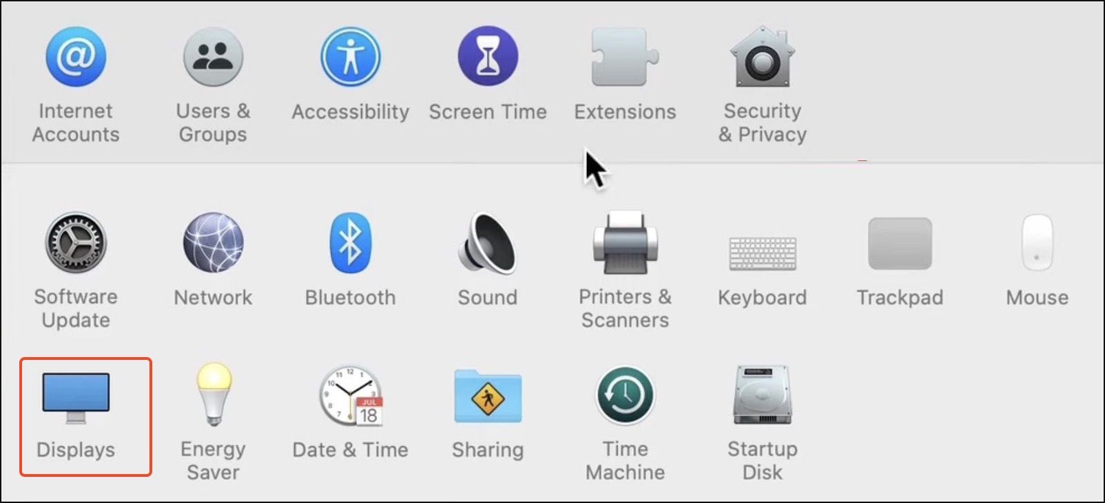 System preferences showing Displays setting option