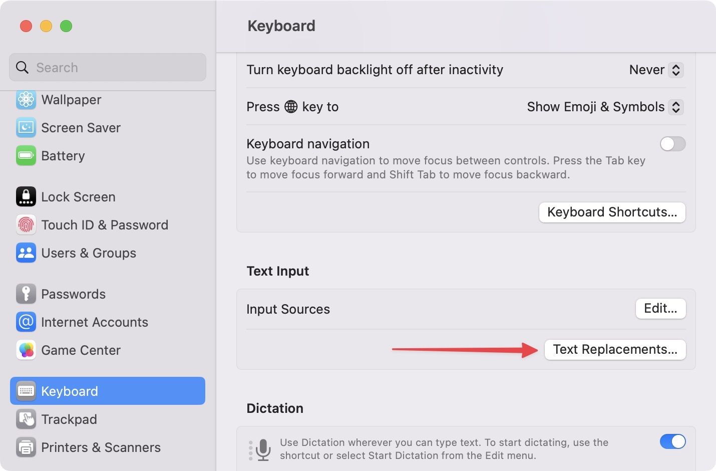 Keyboard settings screenshot