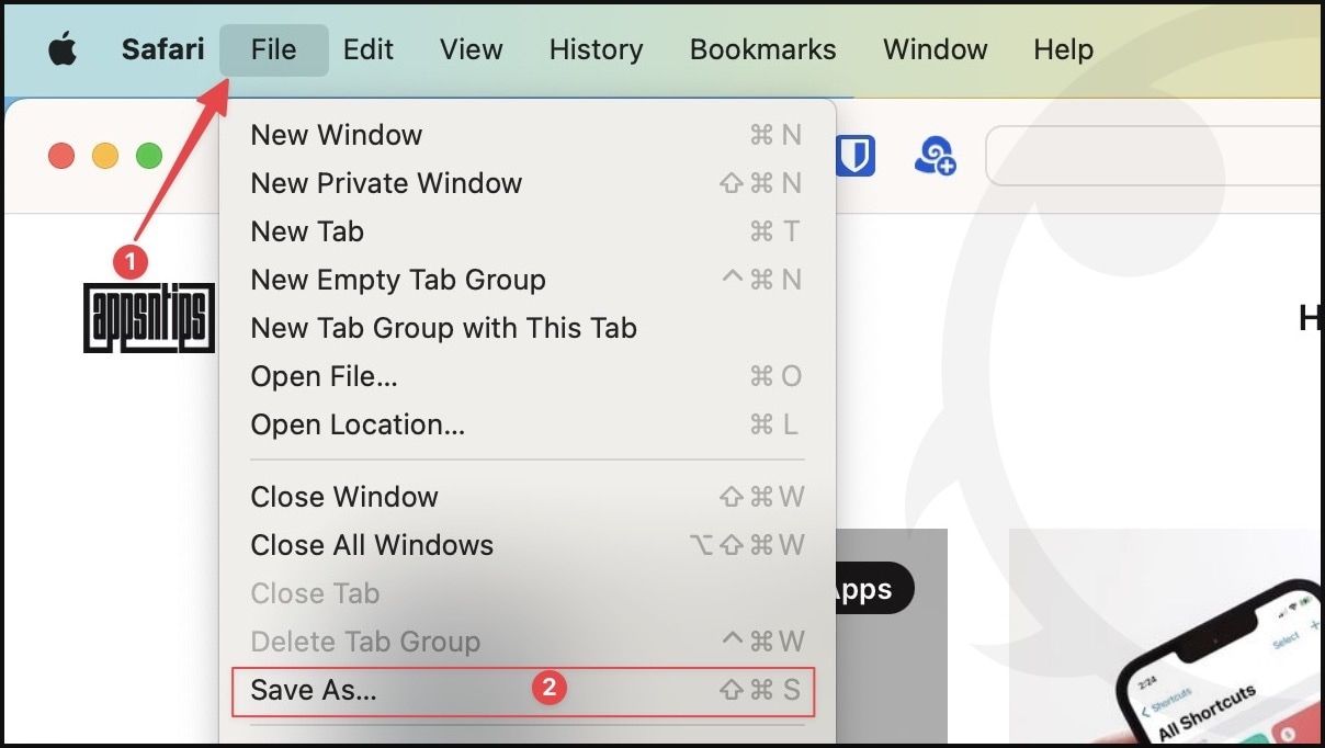 Safari file menu screenshot