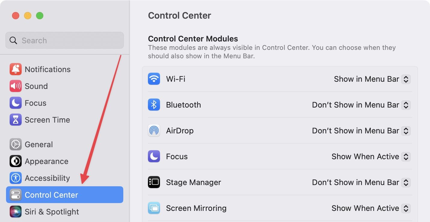 Control Center Settings screenshot