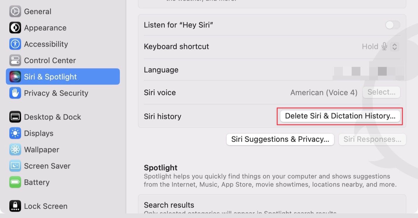 Siri & Spotlight search setting screenshot