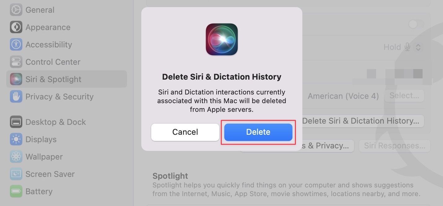 Delete Siri & Dictation history screenshot