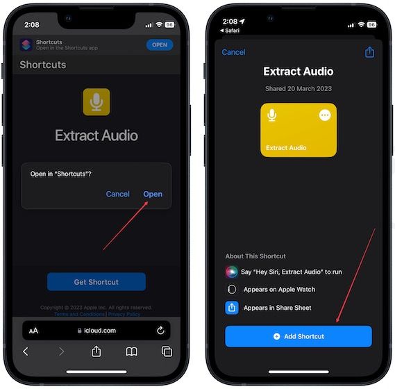 Adding extract audio shortcut to shortcut gallery