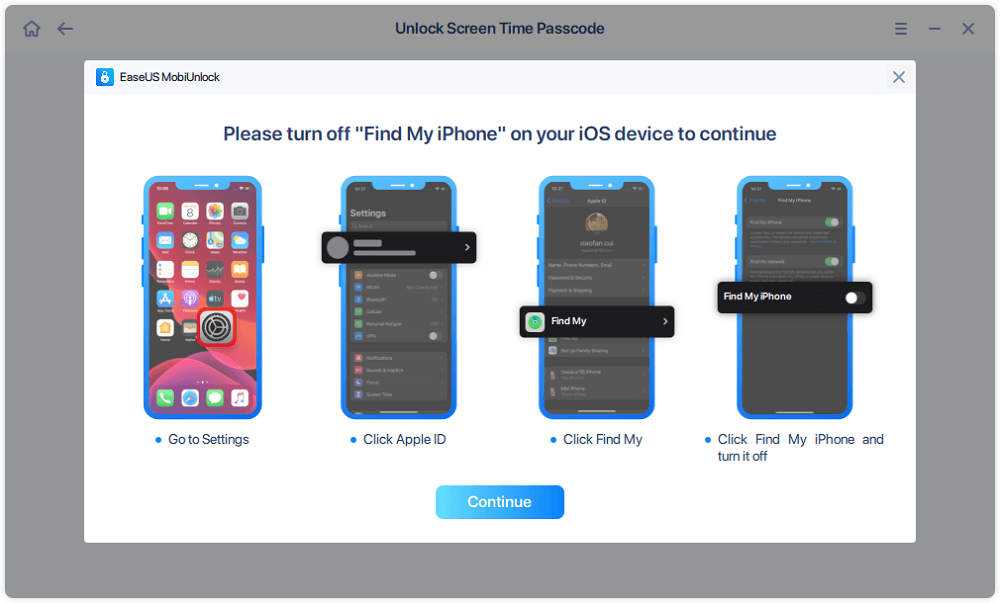 Turn off "Find My iPhone" option on PC from EaseUS MobiUnlock