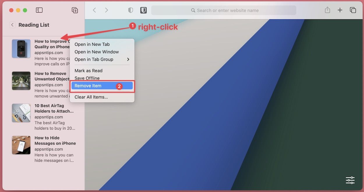 screenshot showing right-click menu on a reading list item