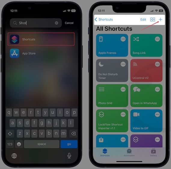 Shortcuts app add shortcut button screenshot