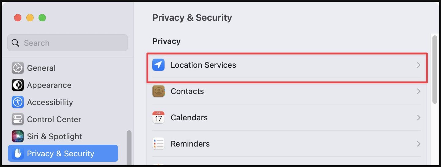 opening privacy and security setting screenshot