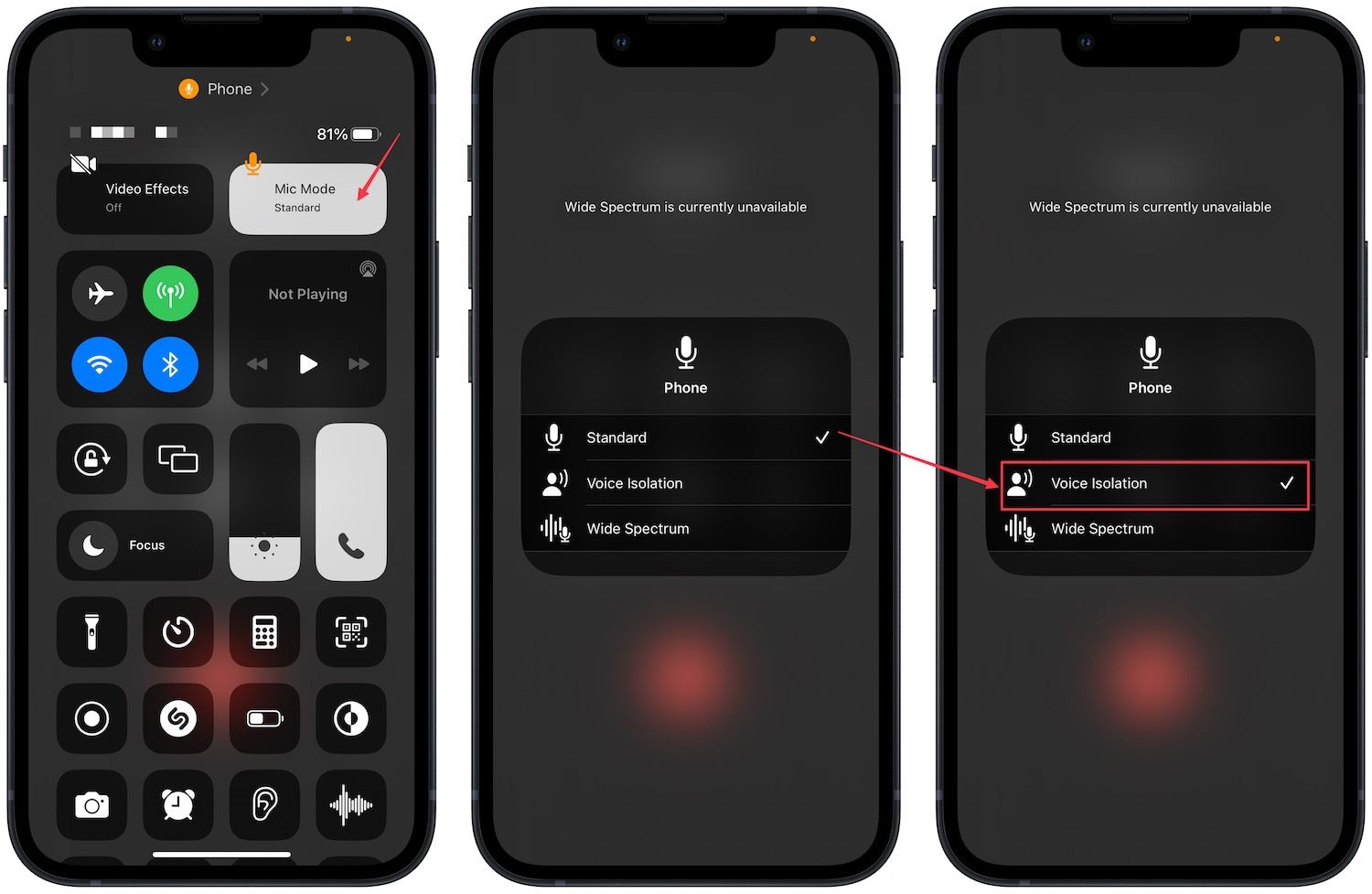 Control center screenshot showing voice isolation feature