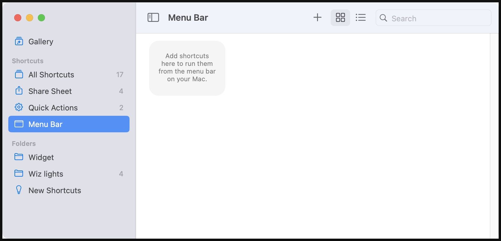 empty Menu Bar folder in shortcuts app