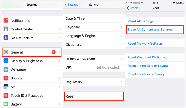 Steps to turn off Screen Time using "Erase All Content and Settings