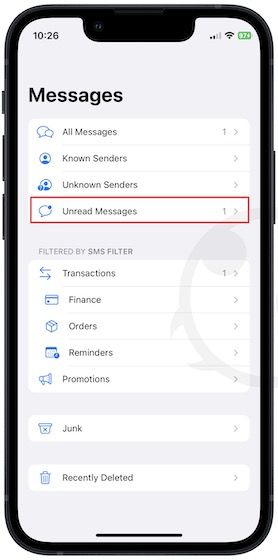 Choosing the unread messages filter on iPhone