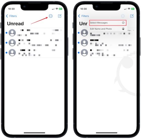 Using the three-dot menu to choose the Select messages option
