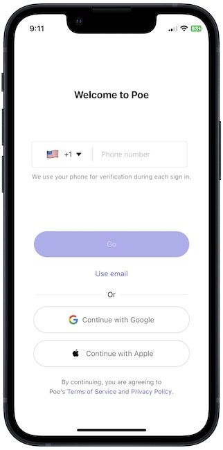 Poe app sign up screen
