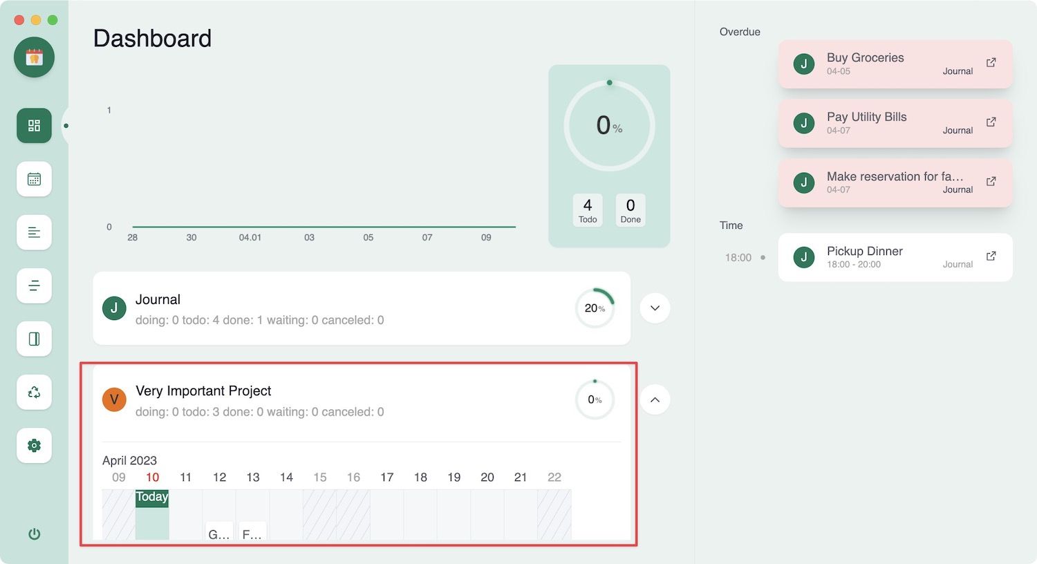 Agenda Dashboard view with new project