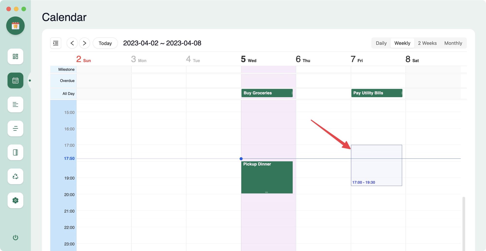 Create a task or event using the Agenda Calendar View 1