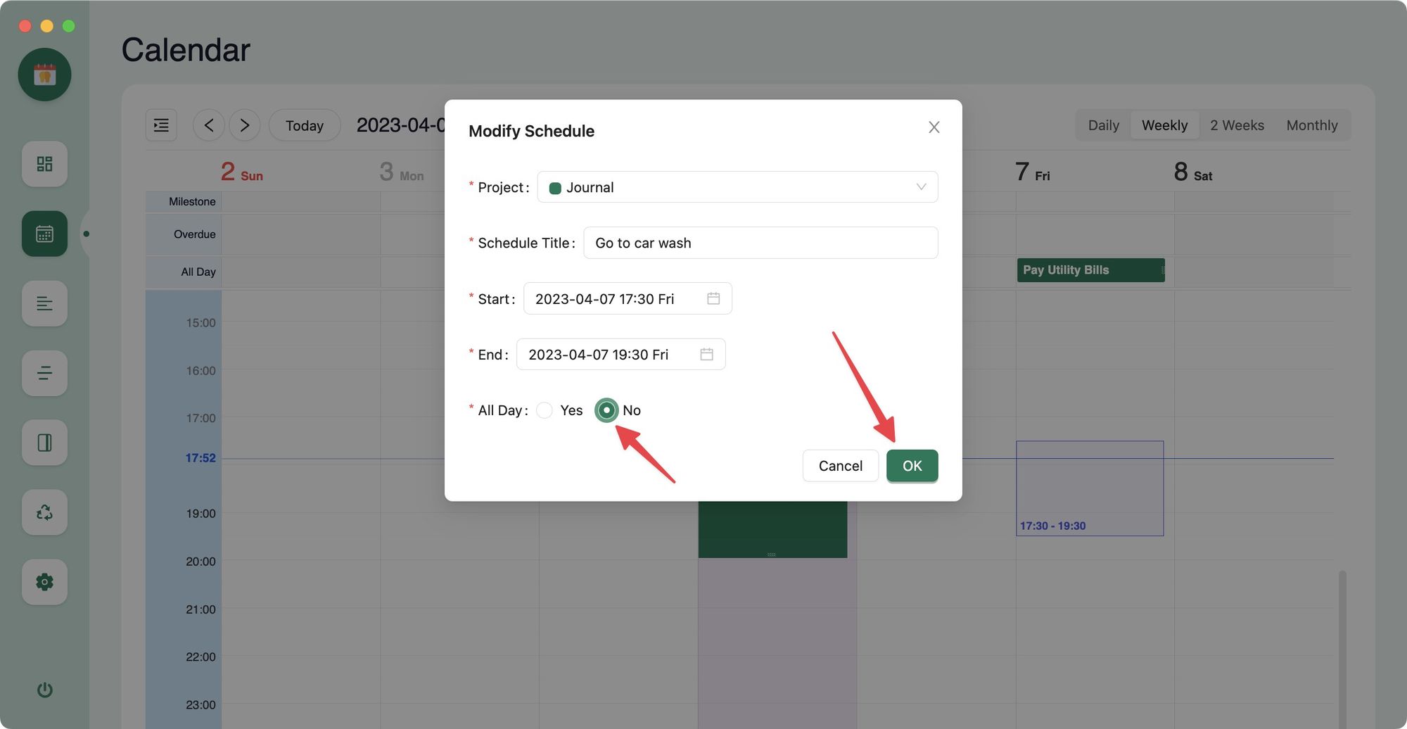 Create a task or event using the Agenda Calendar View 3