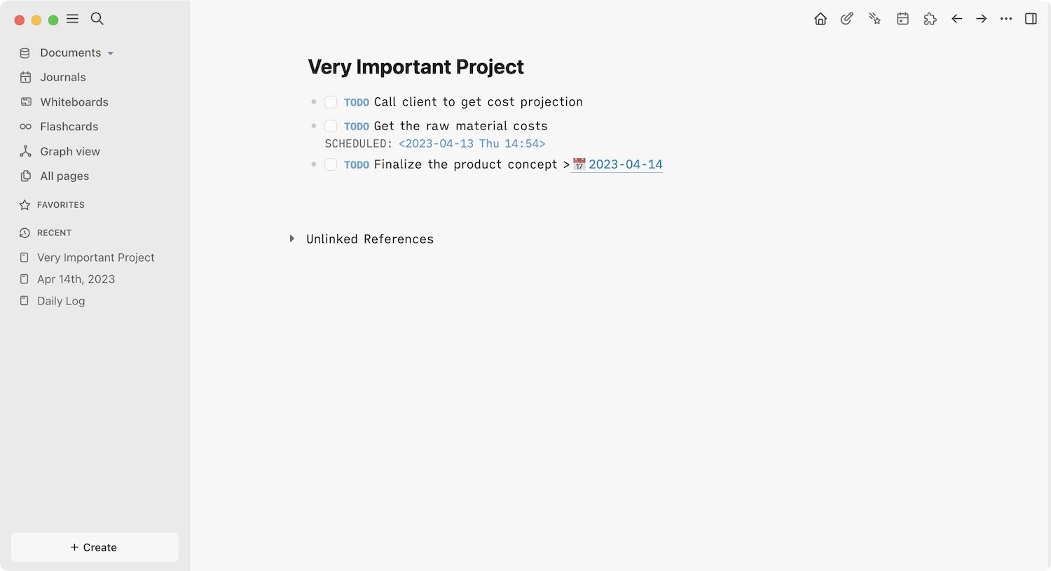 Example tasks in Project